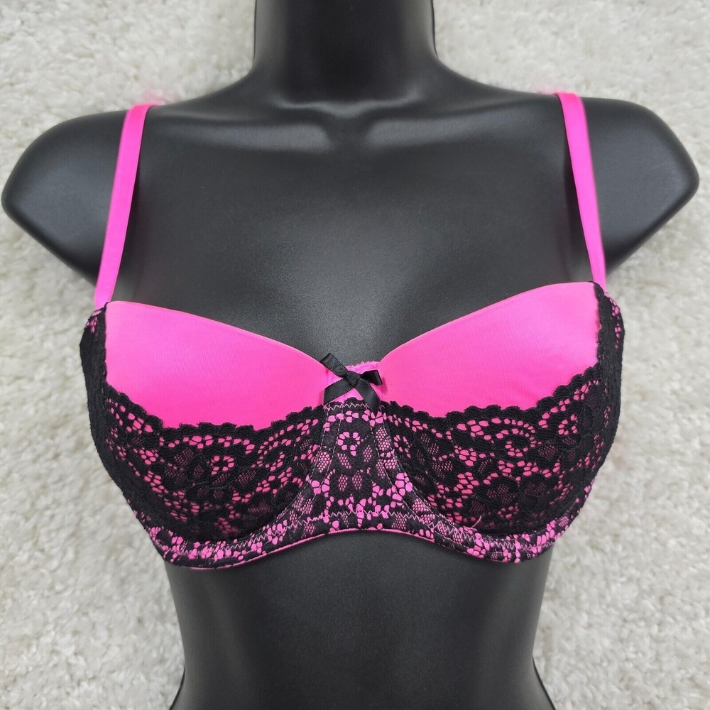 Victoria's Secret Bra‎ Womens 34B Pink Black Lace Balconette Underwire Sexy